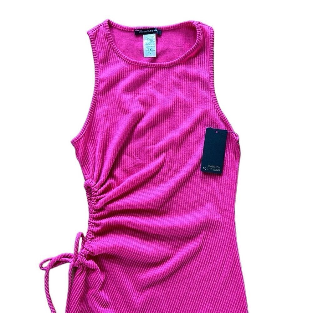 Caution To The Wind Hot Pink Ribbed Side-Tie Mini Dress